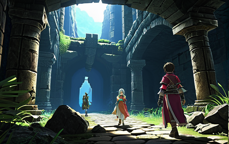 Abyss Exploration** A party of adventurers (ファイター, ソーサレス, クレリック) bravely entering a dark, mysterious abyss. Emphasize a sense of danger and wonder. Ancient ruins visible in the background. Include visual elements reminiscent of JRPG style. Use vibrant colors but keep a foreboding atmosphere. 夜の雰囲気で, ダンジョン入口, RPG風, パーティーメンバー. **