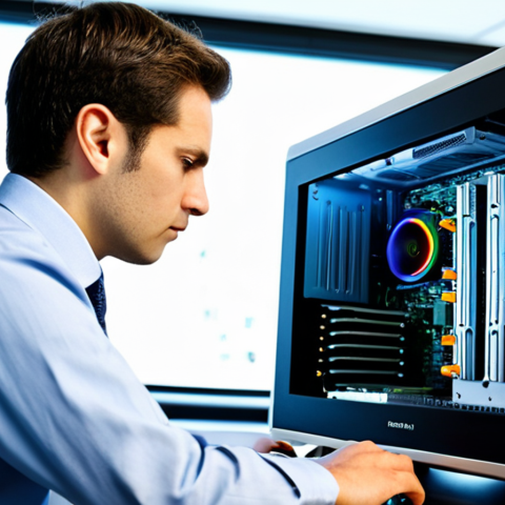A professional IT specialist, fully clothed in a modest collared shirt and professional trousers, intently troubleshooting a high-performance desktop computer in a brightly lit, modern office environment. The specialist's hands are visible, carefully adjusting a component inside the opened PC case, with a mult-meter or similar diagnostic tool nearby. The computer monitor displays complex system logs and network performance graphs. The scene conveys a sense of focused problem-solving. Perfect anatomy, correct proportions, natural pose, well-formed hands, proper finger count, professional photography, high quality, safe for work, appropriate content, professional dress.