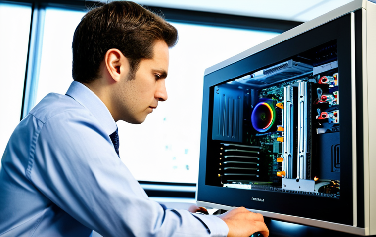 A professional IT specialist, fully clothed in a modest collared shirt and professional trousers, intently troubleshooting a high-performance desktop computer in a brightly lit, modern office environment. The specialist's hands are visible, carefully adjusting a component inside the opened PC case, with a mult-meter or similar diagnostic tool nearby. The computer monitor displays complex system logs and network performance graphs. The scene conveys a sense of focused problem-solving. Perfect anatomy, correct proportions, natural pose, well-formed hands, proper finger count, professional photography, high quality, safe for work, appropriate content, professional dress.