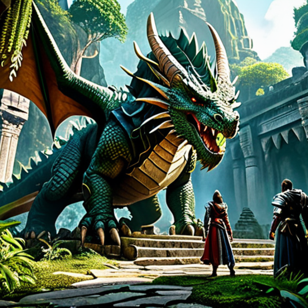 ** A determined party of adventurers, fully clothed in elaborate fantasy armor, faces a colossal dragon amidst ancient temple ruins. Lush jungle foliage encroaches on the scene. Perfect anatomy, correct proportions, well-formed hands, natural pose, professional fantasy illustration, safe for work, appropriate content, fully clothed, professional, family-friendly. **