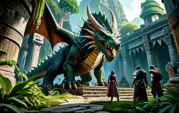 ** A determined party of adventurers, fully clothed in elaborate fantasy armor, faces a colossal dragon amidst ancient temple ruins. Lush jungle foliage encroaches on the scene. Perfect anatomy, correct proportions, well-formed hands, natural pose, professional fantasy illustration, safe for work, appropriate content, fully clothed, professional, family-friendly. **