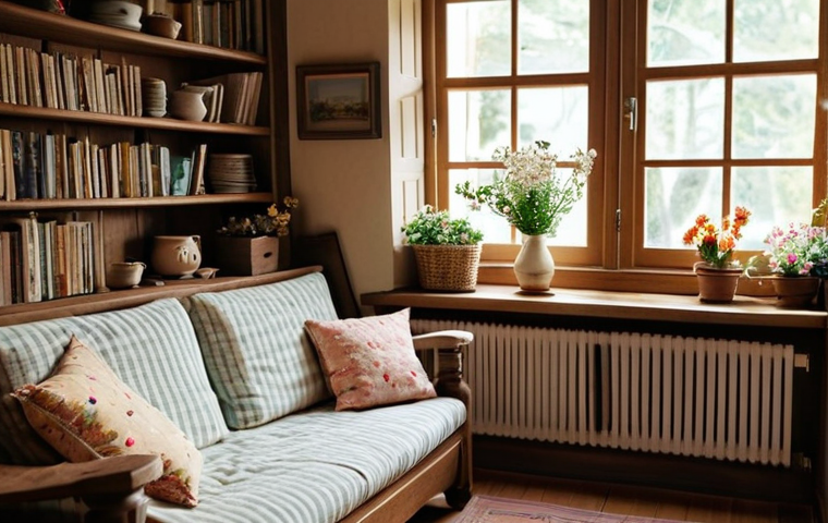 아이온 하우징 가구 제작 - **Cozy Cottage Interior:** A warmly lit interior of a cute cottage. There's a handcrafted wooden tab...