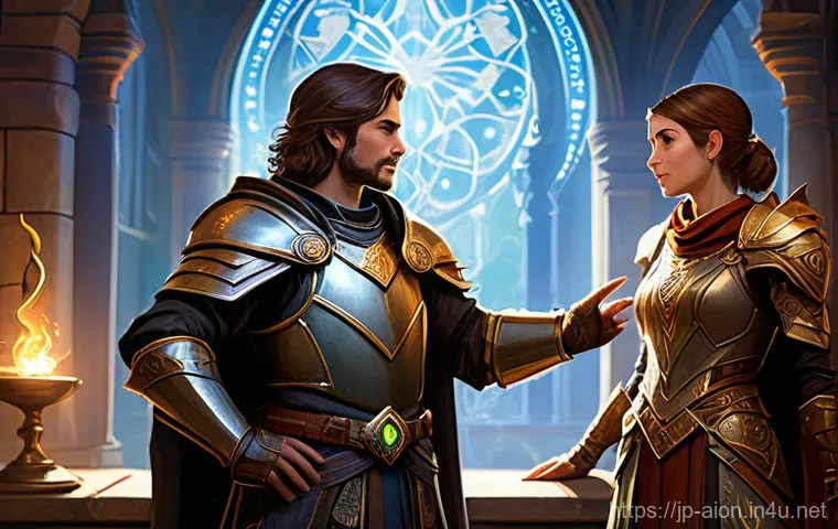 아이온 직업 변경 가이드 - **Prompt 1: Adventurers Discussing New Game Updates** "An intricate, highly detailed fantasy ill...