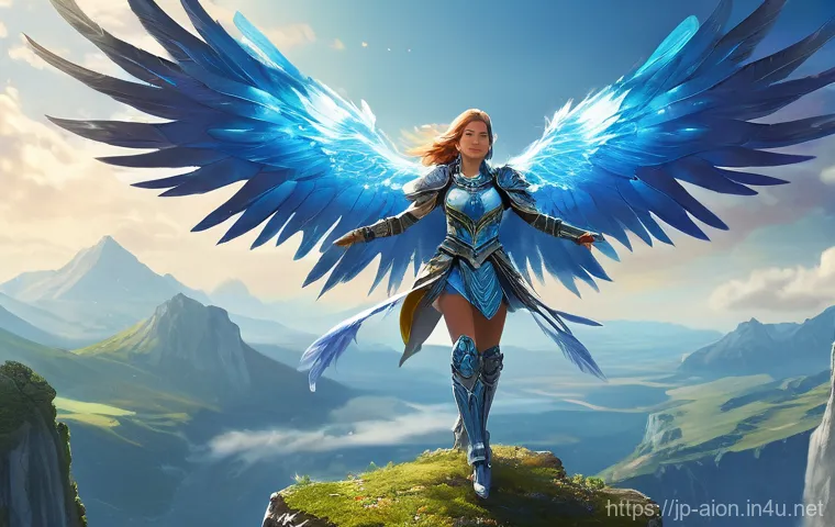 아이온 신규 유저 이벤트 - **Prompt:** A vibrant, epic fantasy illustration depicting a female "AION" player, embodying the spi...