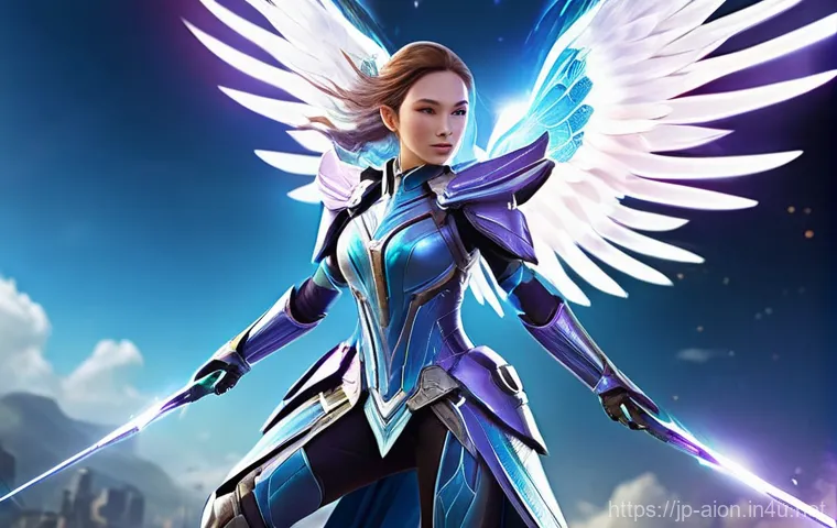 아이온 신규 유저 이벤트 - **Prompt:** A vibrant, epic fantasy illustration depicting a female "AION" player, embodying the spi...