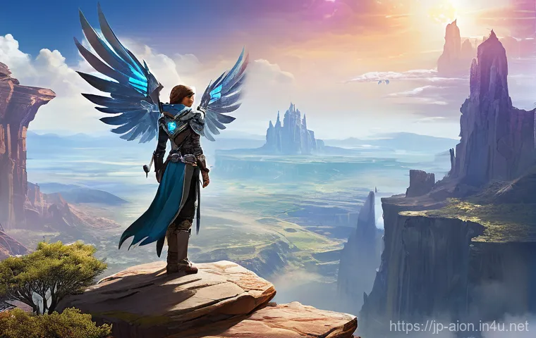 아이온 신규 유저 이벤트 - **Prompt:** A dynamic action shot of a "Lumines Wing" character in "AION," showcasing her unique com...