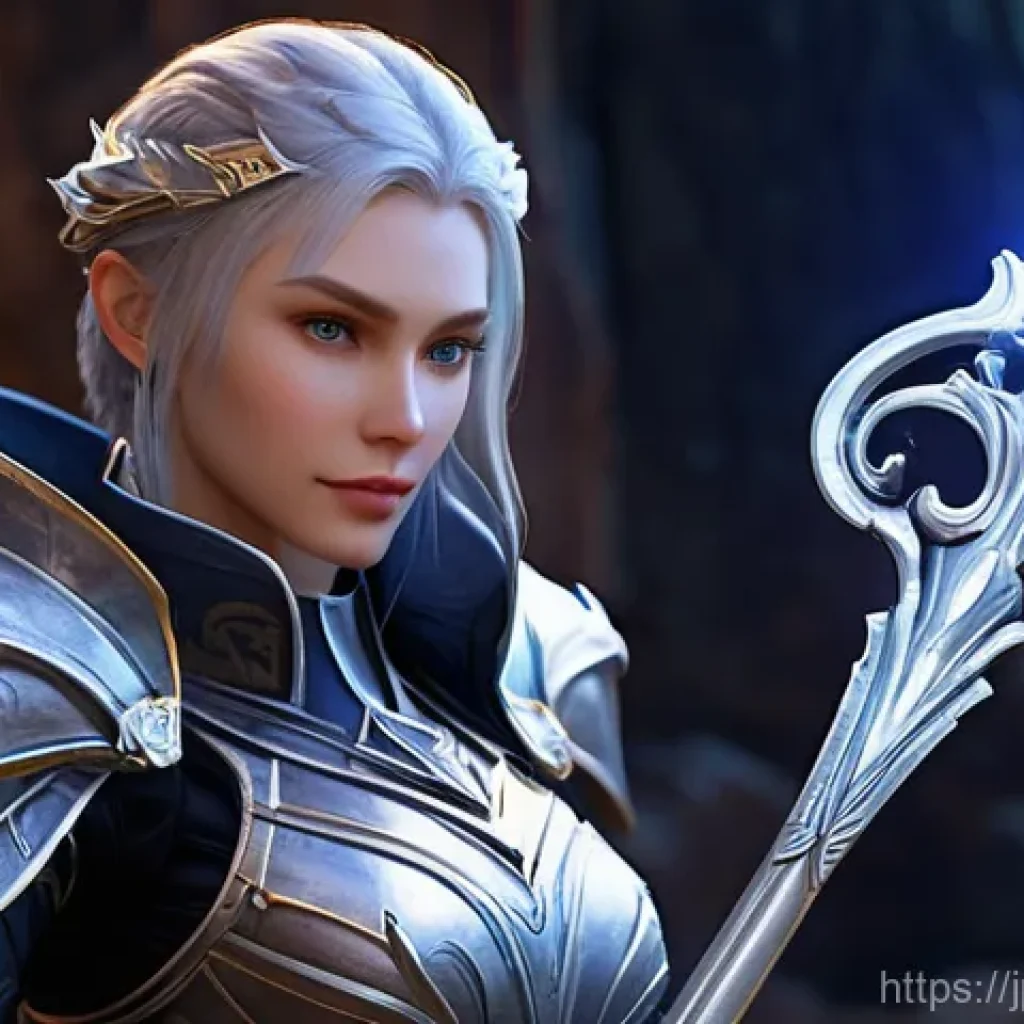 아이온 유물 아이템 정보 - A female Daeva character in Aion, mid-shot, proudly holding a shining "Euron Fork" halberd. The halb...