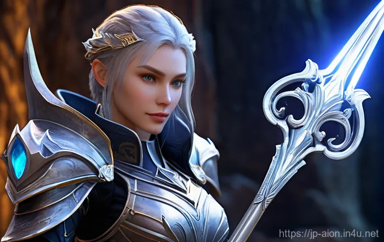아이온 유물 아이템 정보 - A female Daeva character in Aion, mid-shot, proudly holding a shining "Euron Fork" halberd. The halb...
