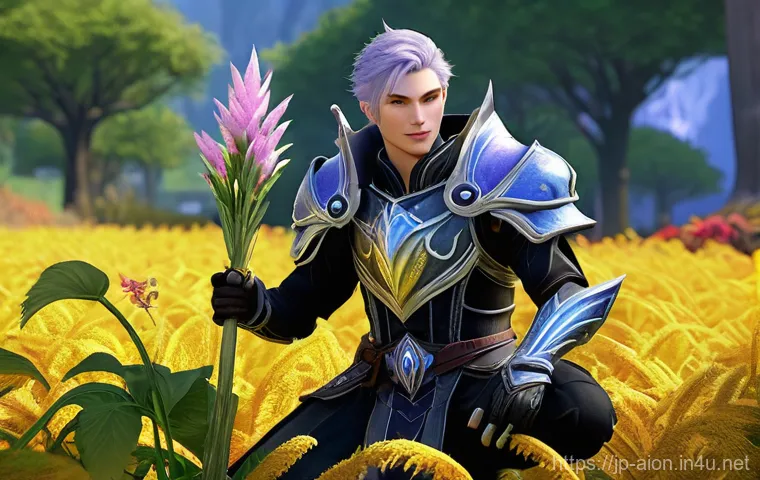 아이온 유물 아이템 정보 - A female Daeva character in Aion, mid-shot, proudly holding a shining "Euron Fork" halberd. The halb...