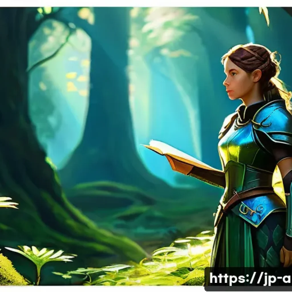아이온 NPC 위치 - **Prompt 1: Focused Quest Tracking in a Lush Fantasy Forest** A young female adventurer, depicte...
