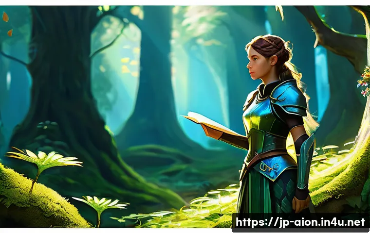 아이온 NPC 위치 - **Prompt 1: Focused Quest Tracking in a Lush Fantasy Forest** A young female adventurer, depicte...