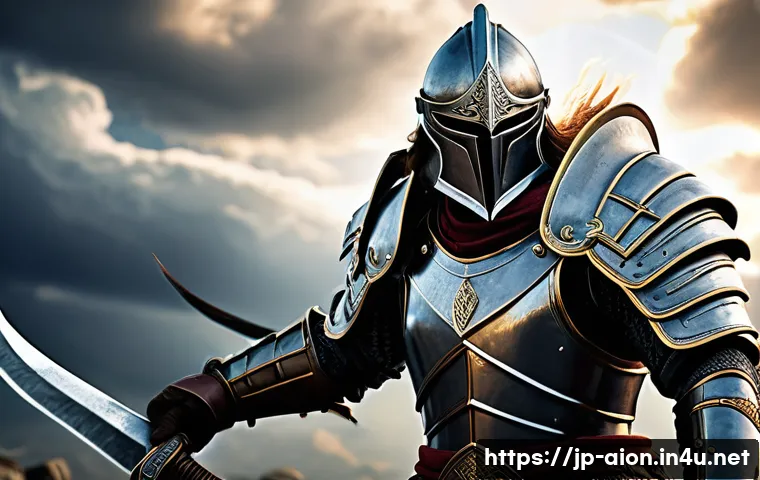 아이온 직업별 추천 무기 - A detailed fantasy warrior character wielding a gleaming sword and a heavy axe, showcasing the contr...
