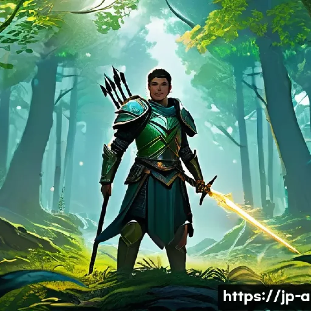 아이온 유저 가이드 제작 - A detailed fantasy RPG scene featuring a young warrior character wearing intricately designed armor ...