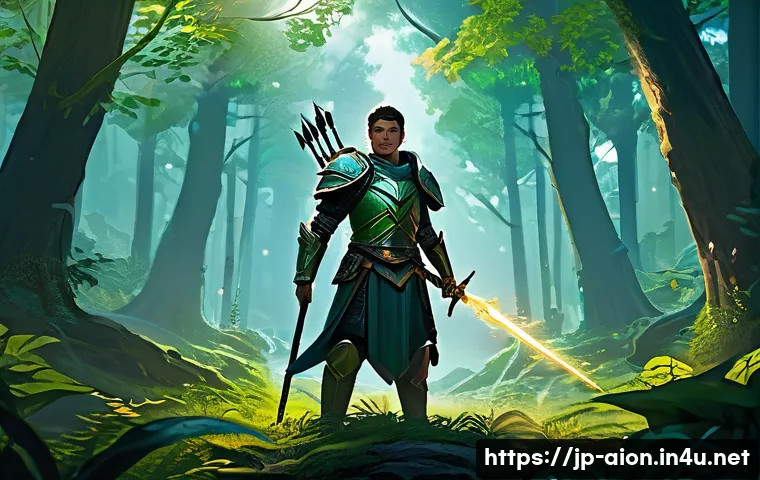 아이온 유저 가이드 제작 - A detailed fantasy RPG scene featuring a young warrior character wearing intricately designed armor ...