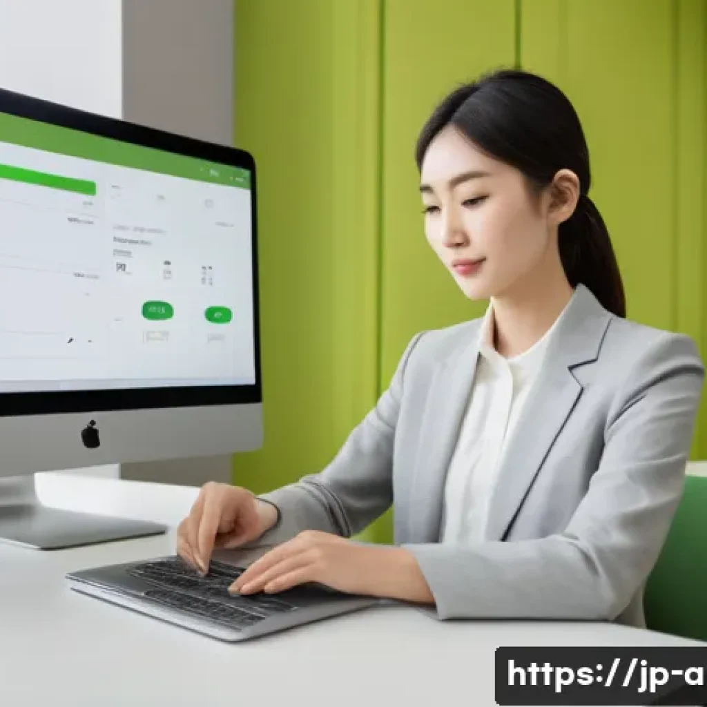 아이온 거래소 활용법 - A modern Japanese office setting showing a young professional woman registering an account on the Io...