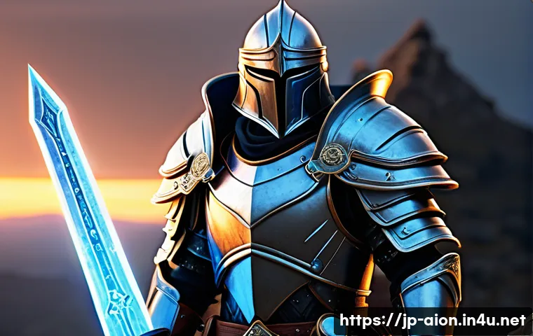 아이온 장비 세팅 가이드 - A detailed fantasy warrior character wearing a full set of intricately designed armor, highlighting ...