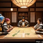 아이온 길드 보상 - A vibrant guild hall scene in a fantasy RPG setting, featuring diverse guild members collaborating e...