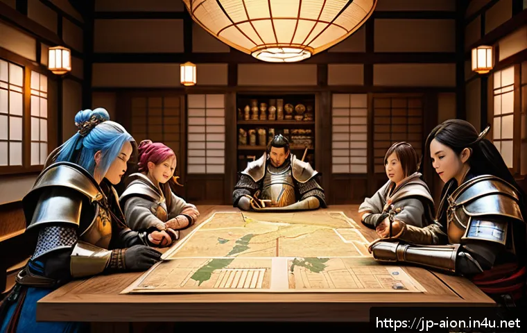 아이온 길드 보상 - A vibrant guild hall scene in a fantasy RPG setting, featuring diverse guild members collaborating e...