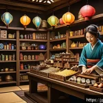 아이온 마을 상점 정보 - A vibrant fantasy village shop interior bustling with activity during a special campaign event; shel...