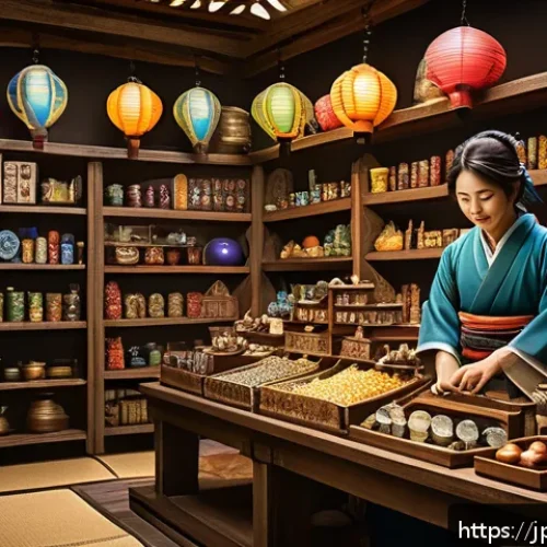 아이온 마을 상점 정보 - A vibrant fantasy village shop interior bustling with activity during a special campaign event; shel...