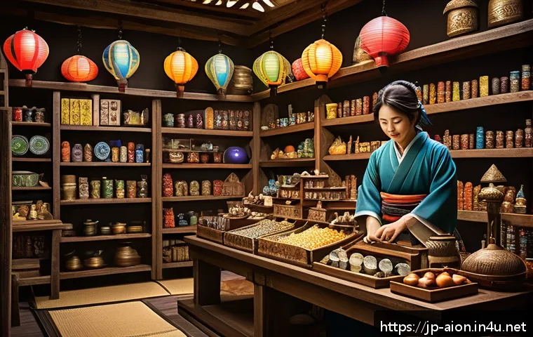 아이온 마을 상점 정보 - A vibrant fantasy village shop interior bustling with activity during a special campaign event; shel...