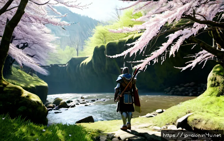 아이온 계절별 사냥터 추천 - Photorealistic high-fantasy MMORPG hunting ground in spring, a fully armored adventurer exploring a ...