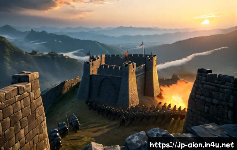 아이온 공성전 기초 - Photorealistic fantasy fortress siege at dawn, a clear wide view of armored defenders standing on ma...