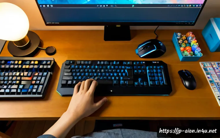 아이온 크래프팅 효율 분석 - Photorealistic overhead view of a tidy Japanese gamer’s desk, hands organizing colorful fantasy craf...