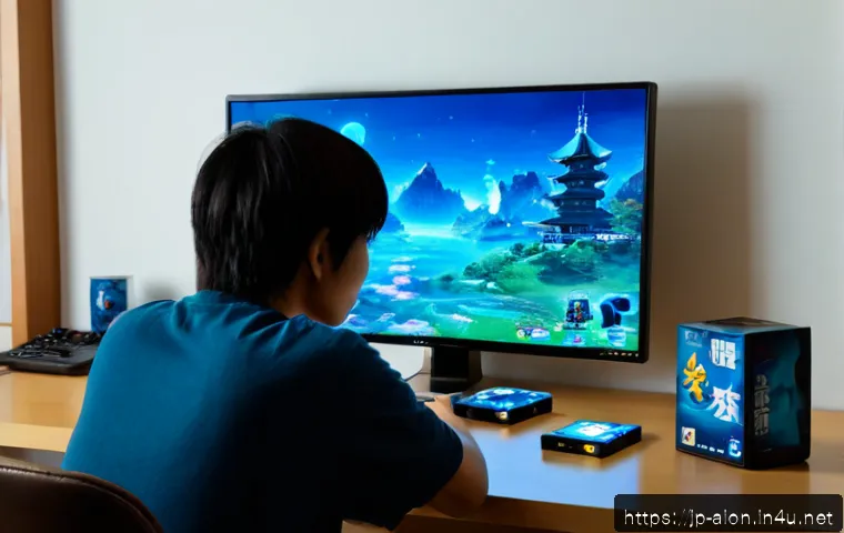 아이온 몬스터 카드 시스템 - Photorealistic Japanese gamer at a clean modern desk, studying a fantasy monster card collection int...