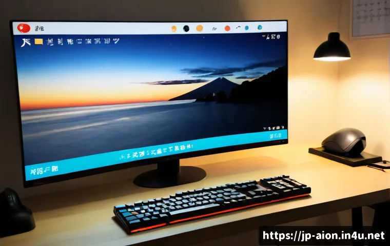 아이온 정기 업데이트 패턴 - Photorealistic gaming desk scene illustrating a regular online game update routine, widescreen monit...